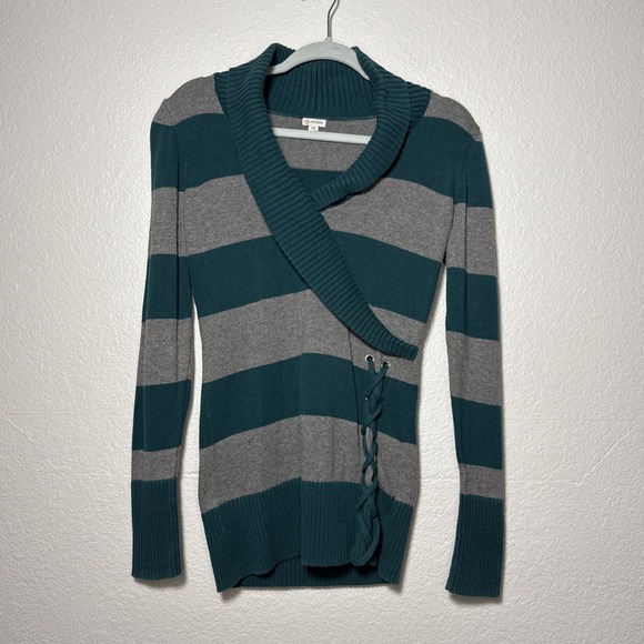 Guess Sweaters - Vintage Y2K Guess Shawl Collar Womens Green Gray Striped L